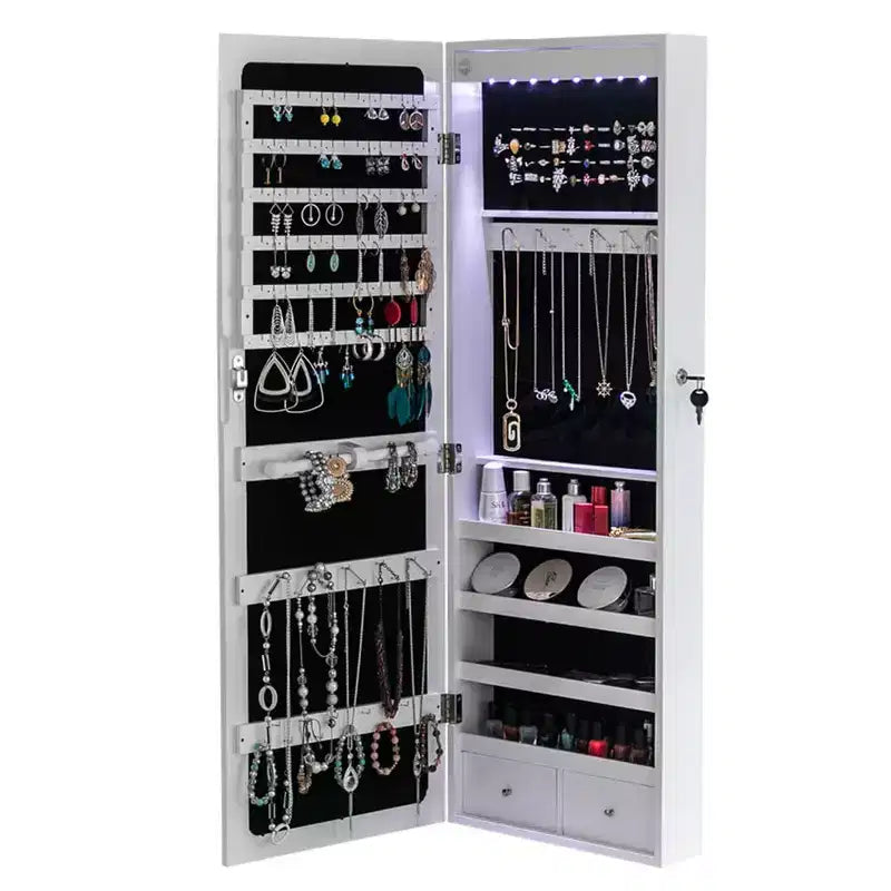 Portagioie, Organizer da Parete/Porta Non Completamente a Specchio, Scatola di Legno per Orecchini/Collane/Bracciali/Orologi/Occhiali da Sole Bianco