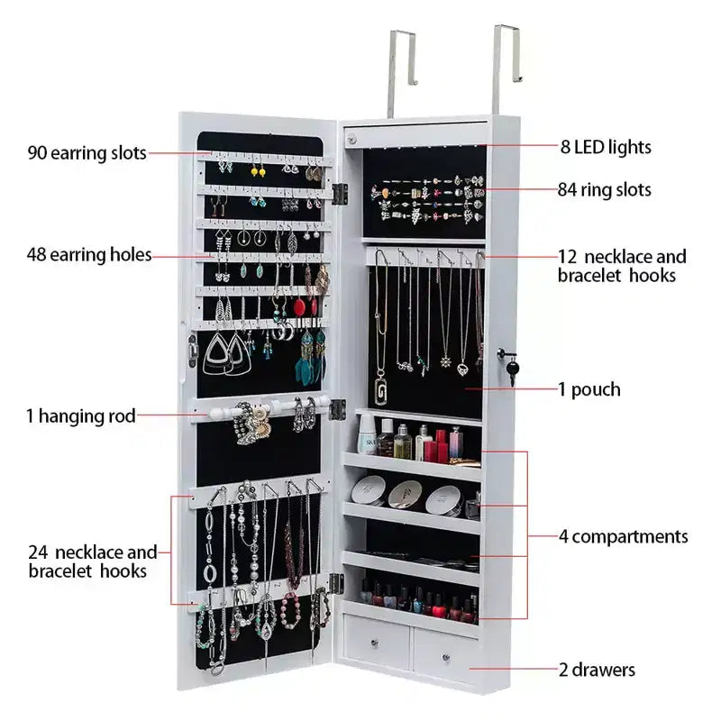 Portagioie, Organizer da Parete/Porta Non Completamente a Specchio, Scatola di Legno per Orecchini/Collane/Bracciali/Orologi/Occhiali da Sole Bianco