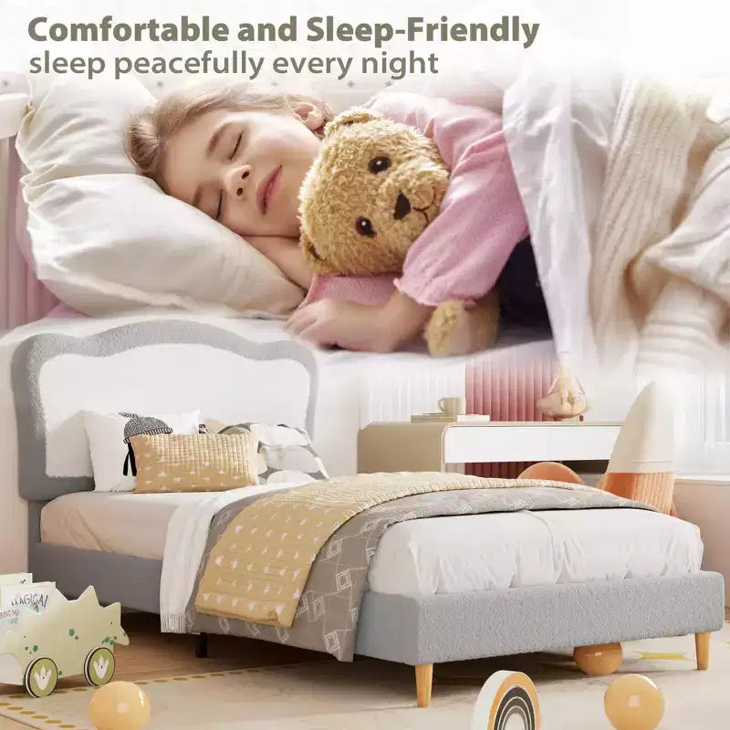 COZONY Struttura Letto Singolo/Una Piazza e Mezza/Matrimoniale per Bambini con Testiera Carina, Letto per Bambini, Piattaforma in Velluto, Silenzioso, Senza Rete a Molle