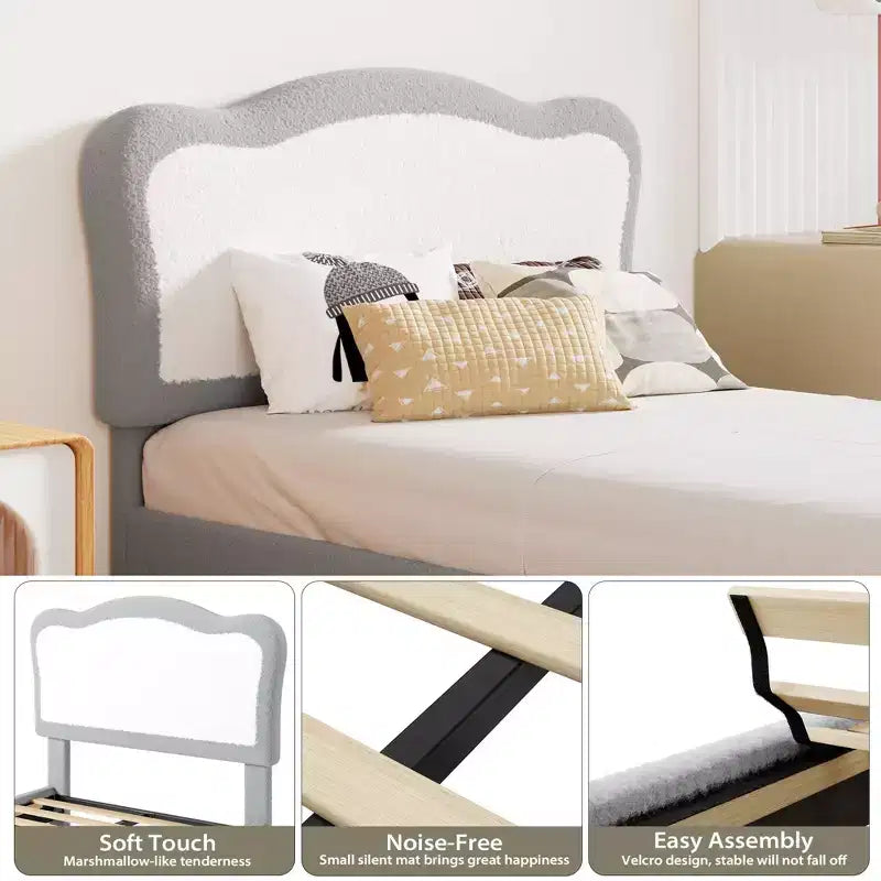 COZONY Struttura Letto Singolo/Una Piazza e Mezza/Matrimoniale per Bambini con Testiera Carina, Letto per Bambini, Piattaforma in Velluto, Silenzioso, Senza Rete a Molle