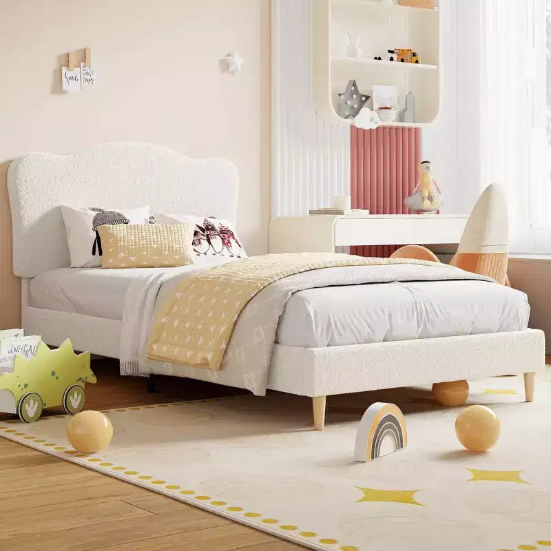 COZONY Struttura Letto Singolo/Una Piazza e Mezza/Matrimoniale per Bambini con Testiera Carina, Letto per Bambini, Piattaforma in Velluto, Silenzioso, Senza Rete a Molle