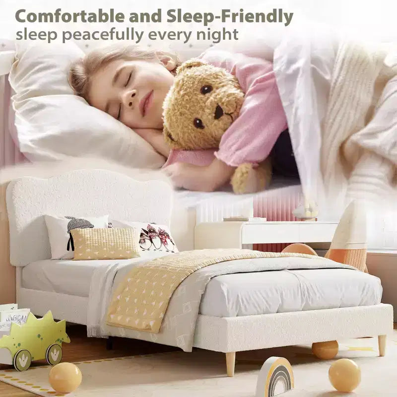 COZONY Struttura Letto Singolo/Una Piazza e Mezza/Matrimoniale per Bambini con Testiera Carina, Letto per Bambini, Piattaforma in Velluto, Silenzioso, Senza Rete a Molle