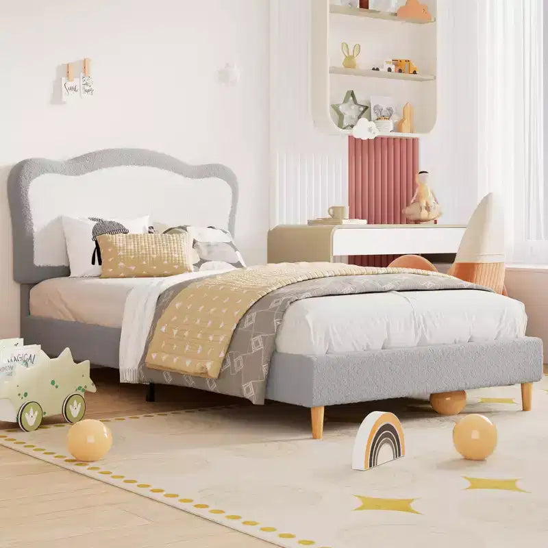 COZONY Struttura Letto Singolo/Una Piazza e Mezza/Matrimoniale per Bambini con Testiera Carina, Letto per Bambini, Piattaforma in Velluto, Silenzioso, Senza Rete a Molle