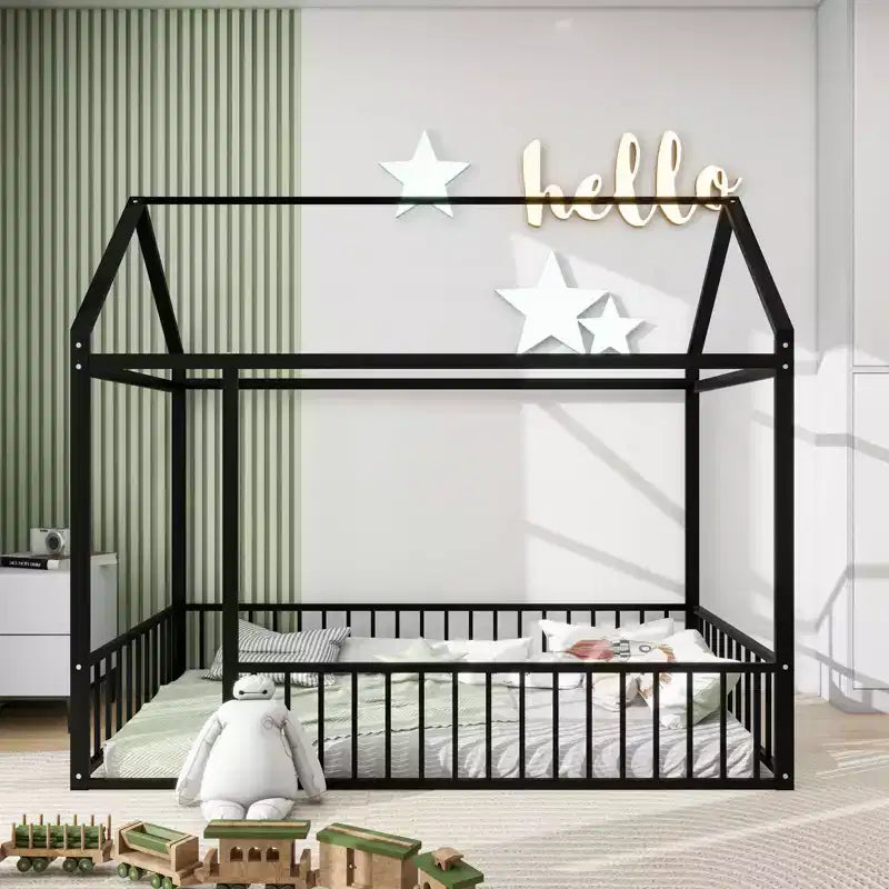 MAYEERTY Struttura letto in metallo a capanna, dimensioni complete, con recinzione, per cameretta bambini e ragazzi, colore rosa