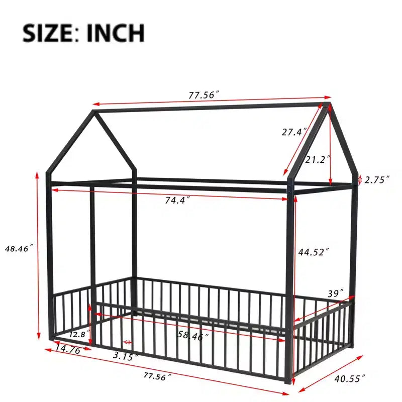 MAYEERTY Struttura letto in metallo a capanna, dimensioni complete, con recinzione, per cameretta bambini e ragazzi, colore rosa