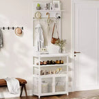 Appendiabiti da Ingresso con Scarpiera, 185cm Mobile Ingresso Salvaspazio Bianco con 7 Ganci 3 Ripiani Scarpiera Struttura in Metallo e Mobiletto in MDF per Ingresso/Camera da Letto/Corridoio