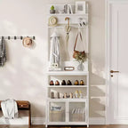 Appendiabiti da Ingresso con Scarpiera, 185cm Mobile Ingresso Salvaspazio Bianco con 7 Ganci 3 Ripiani Scarpiera Struttura in Metallo e Mobiletto in MDF per Ingresso/Camera da Letto/Corridoio