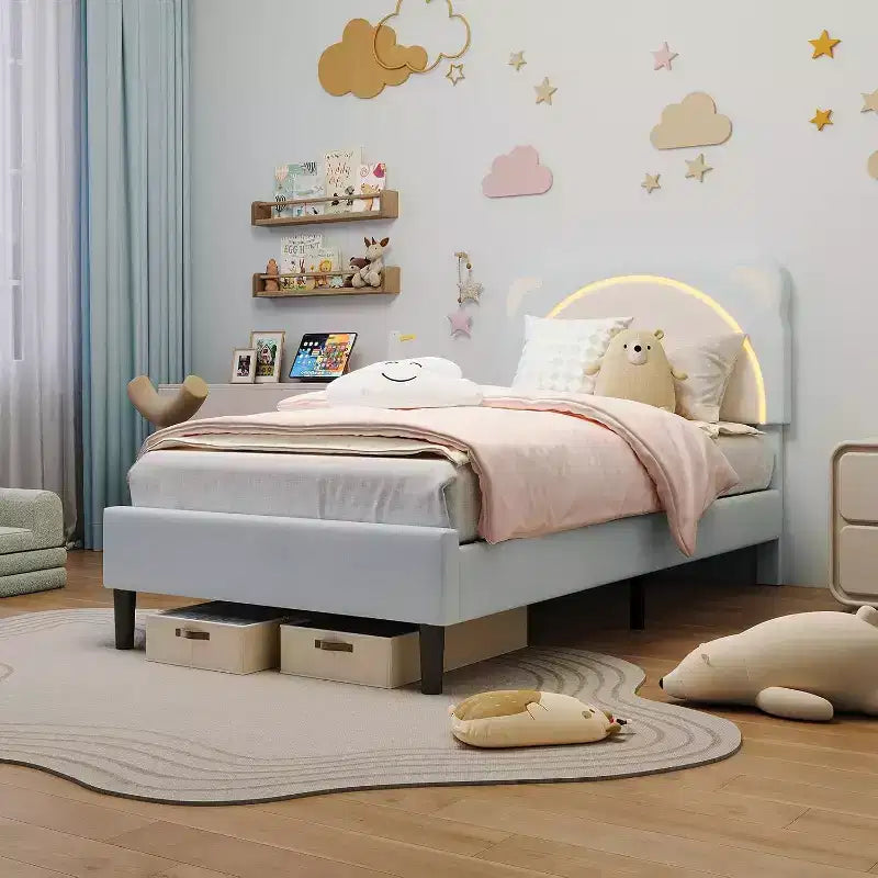 Children's Soft Bed, Adjustable Headboard, Solid Wood Strip Support, Noiseless, Easy to Assemble, with a Cute Bear-shaped Design and Drawers