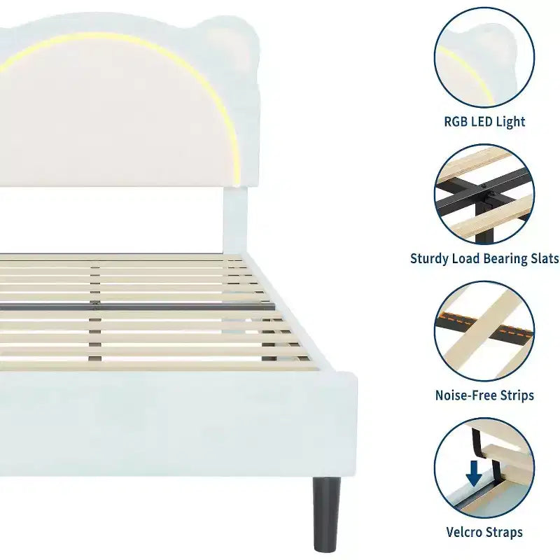 Letto morbido per bambini, testiera regolabile, supporto a strisce in legno massello, silenzioso, facile da montare, con un grazioso design a forma di orso e cassetti