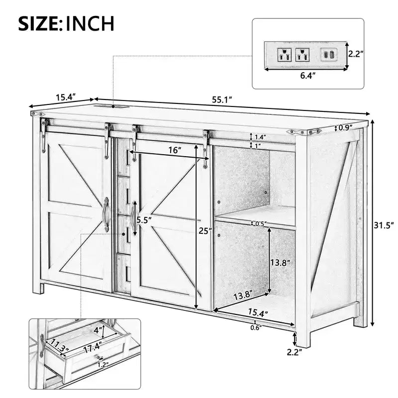 Credenza moderna da fattoria Merax con ante scorrevoli a battente, 4 cassetti, presa di corrente integrata
