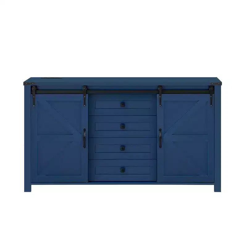Credenza moderna da fattoria Merax con ante scorrevoli a battente, 4 cassetti, presa di corrente integrata