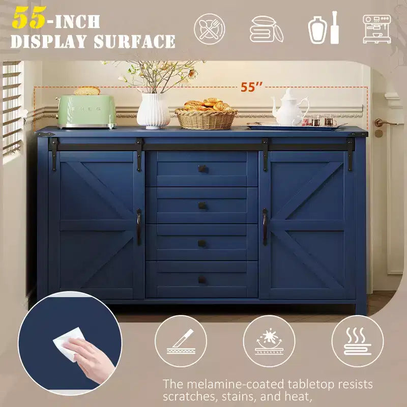 Credenza moderna da fattoria Merax con ante scorrevoli a battente, 4 cassetti, presa di corrente integrata