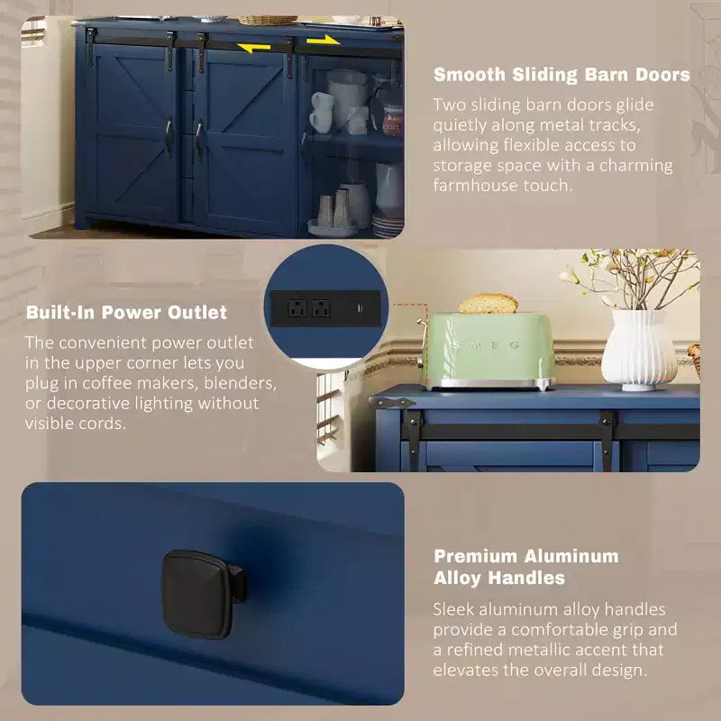 Credenza moderna da fattoria Merax con ante scorrevoli a battente, 4 cassetti, presa di corrente integrata