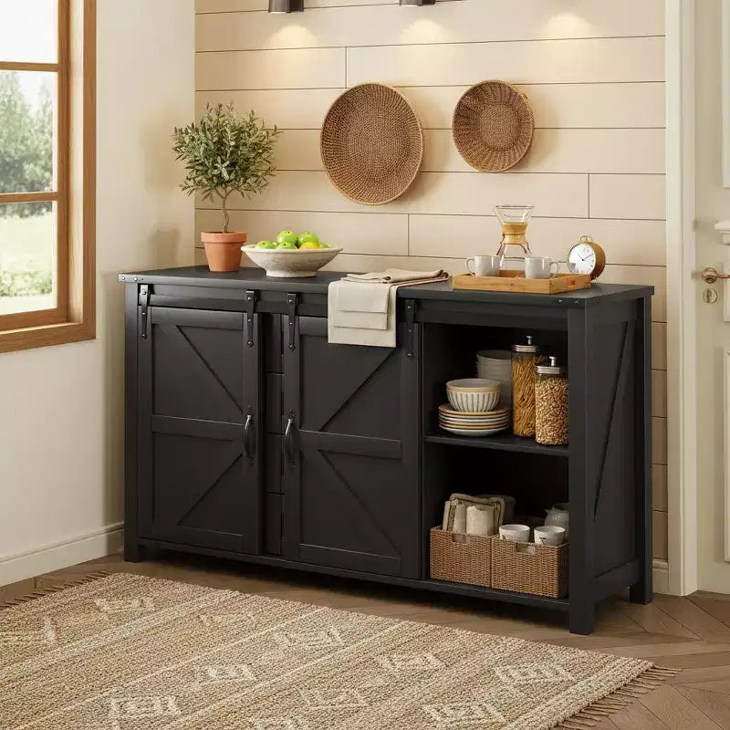 Credenza moderna da fattoria Merax con ante scorrevoli a battente, 4 cassetti, presa di corrente integrata