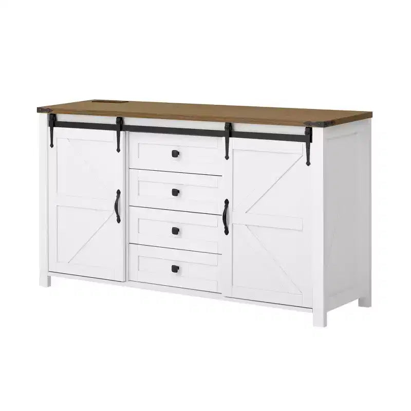 Credenza moderna da fattoria Merax con ante scorrevoli a battente, 4 cassetti, presa di corrente integrata
