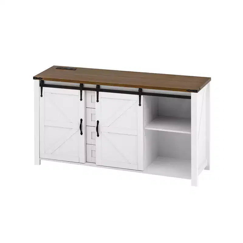 Credenza moderna da fattoria Merax con ante scorrevoli a battente, 4 cassetti, presa di corrente integrata
