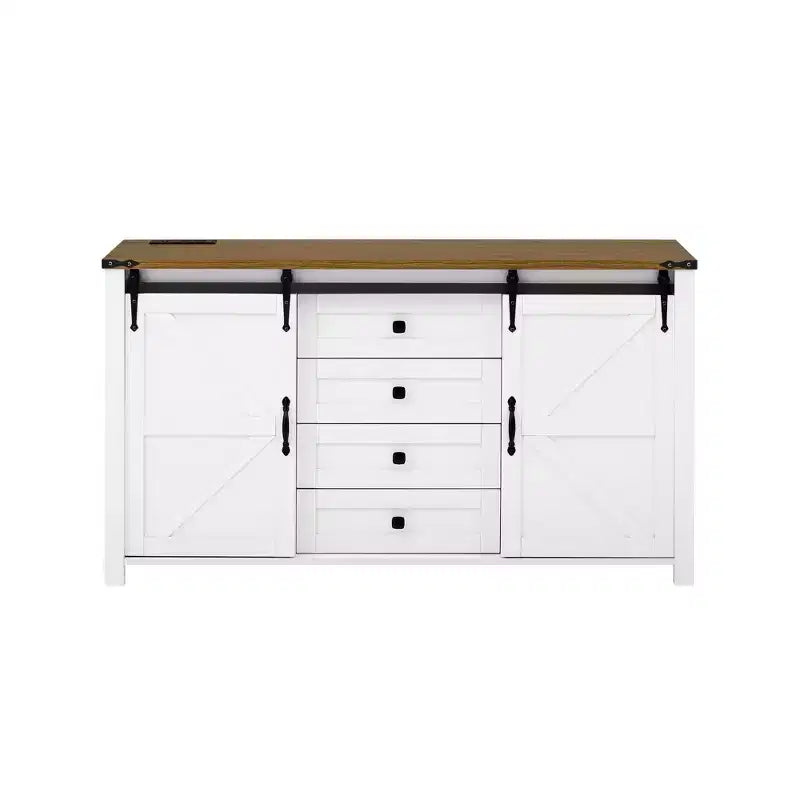 Credenza moderna da fattoria Merax con ante scorrevoli a battente, 4 cassetti, presa di corrente integrata