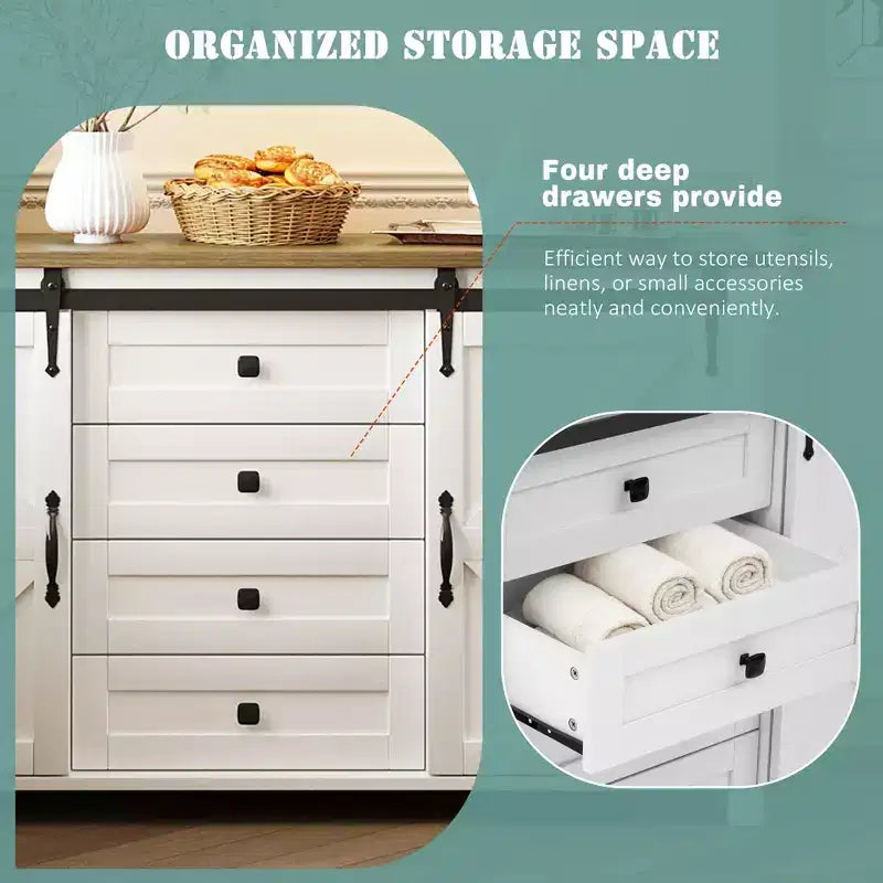 Credenza moderna da fattoria Merax con ante scorrevoli a battente, 4 cassetti, presa di corrente integrata
