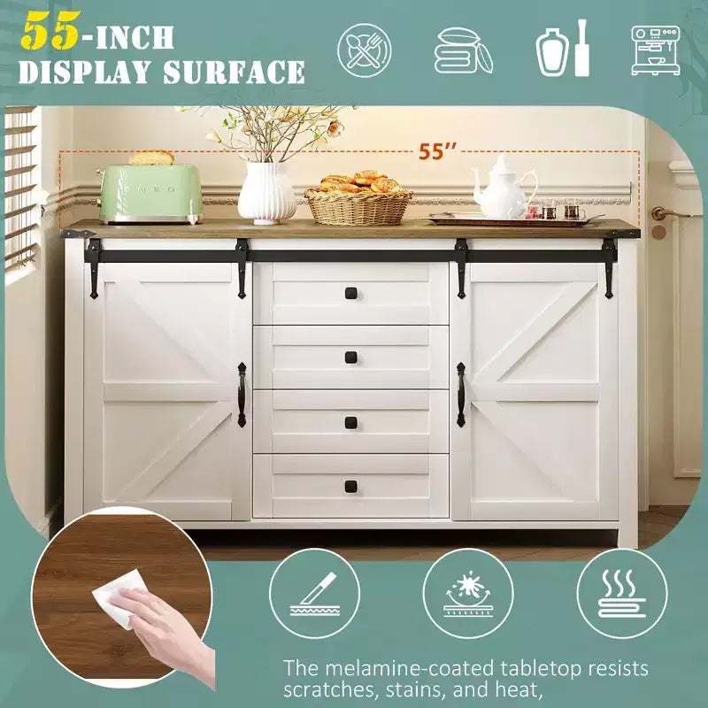 Credenza moderna da fattoria Merax con ante scorrevoli a battente, 4 cassetti, presa di corrente integrata