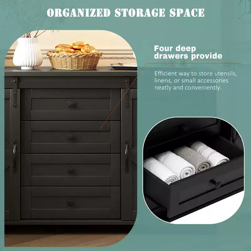 Credenza moderna da fattoria Merax con ante scorrevoli a battente, 4 cassetti, presa di corrente integrata