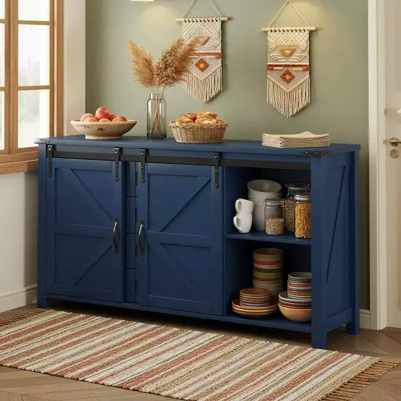 Credenza moderna da fattoria Merax con ante scorrevoli a battente, 4 cassetti, presa di corrente integrata