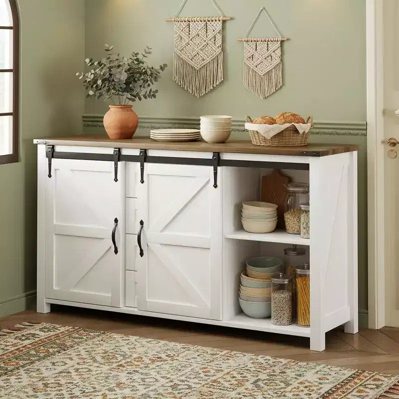 Credenza moderna da fattoria Merax con ante scorrevoli a battente, 4 cassetti, presa di corrente integrata