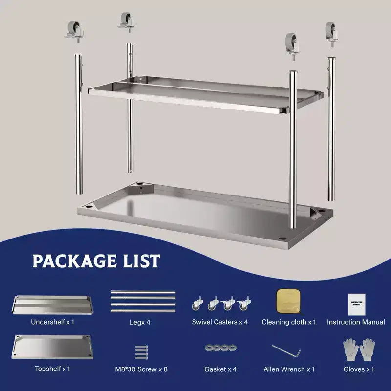 Tavolo da lavoro in acciaio inossidabile 48x24x35, tavolo di preparazione resistente NSF con ripiano inferiore regolabile