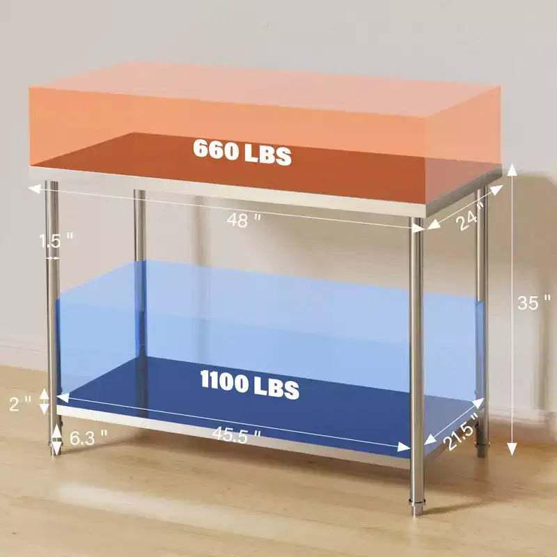 Tavolo da lavoro in acciaio inossidabile 48x24x35, tavolo di preparazione resistente NSF con ripiano inferiore regolabile