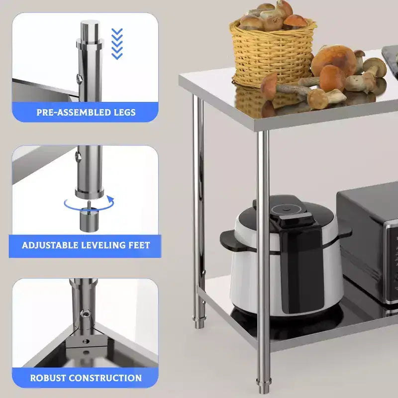 Tavolo da lavoro in acciaio inossidabile 48x24x35, tavolo di preparazione resistente NSF con ripiano inferiore regolabile