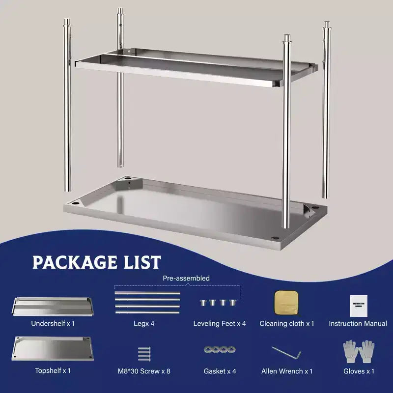 Tavolo da lavoro in acciaio inossidabile 48x24x35, tavolo di preparazione resistente NSF con ripiano inferiore regolabile