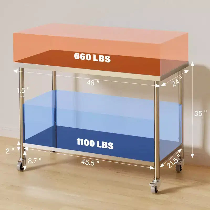 Tavolo da lavoro in acciaio inossidabile 48x24x35, tavolo di preparazione resistente NSF con ripiano inferiore regolabile
