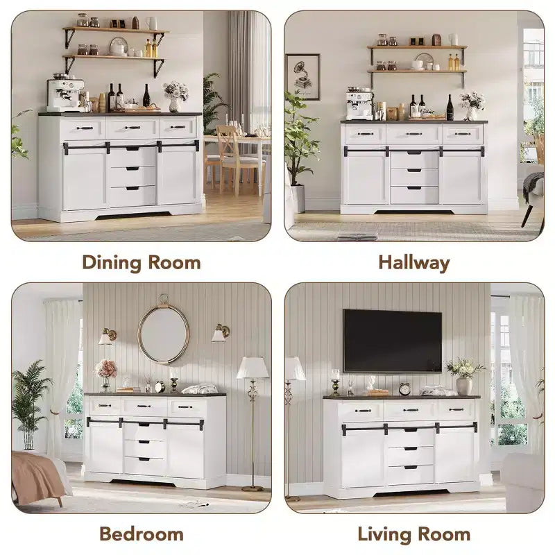 Cassettiera a 6 cassetti con specchio per camera da letto, Toeletta per il trucco con specchio illuminato, Cassettiera con ante scorrevoli a fienile per camera da letto, Soggiorno