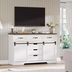 6 Drawers Dresser with Mirror for Bedroom, Makeup Vanity with Light Mirror, Chest of Drawers with Sliding Barn Doors for Bedroom, Living Room
