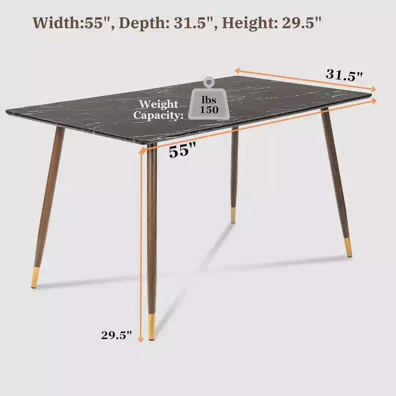 FurnitureR 55.1 Tavolo da pranzo moderno con piano in finto marmo nero e gambe affusolate in legno, tavolo rettangolare per cucina e sala da pranzo