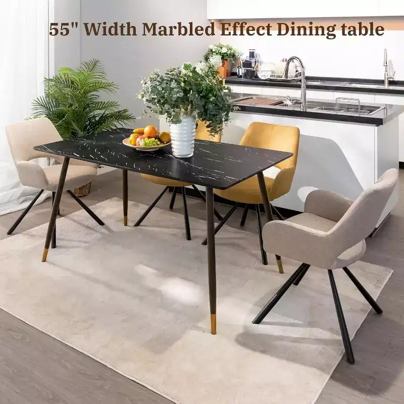 FurnitureR 55.1 Tavolo da pranzo moderno con piano in finto marmo nero e gambe affusolate in legno, tavolo rettangolare per cucina e sala da pranzo
