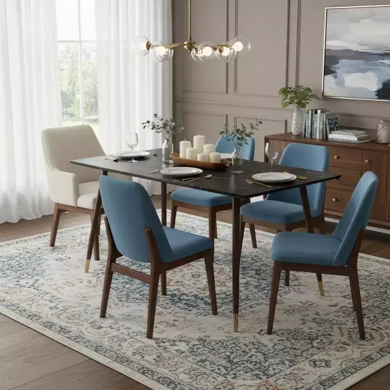 FurnitureR 55.1 Tavolo da pranzo moderno con piano in finto marmo nero e gambe affusolate in legno, tavolo rettangolare per cucina e sala da pranzo