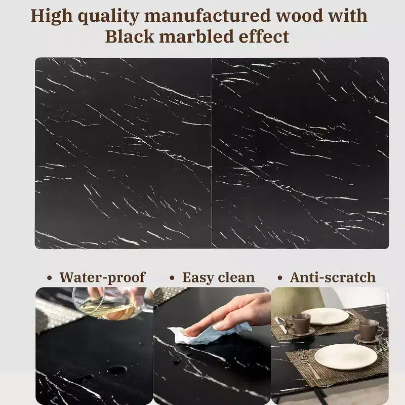 FurnitureR 55.1 Tavolo da pranzo moderno con piano in finto marmo nero e gambe affusolate in legno, tavolo rettangolare per cucina e sala da pranzo