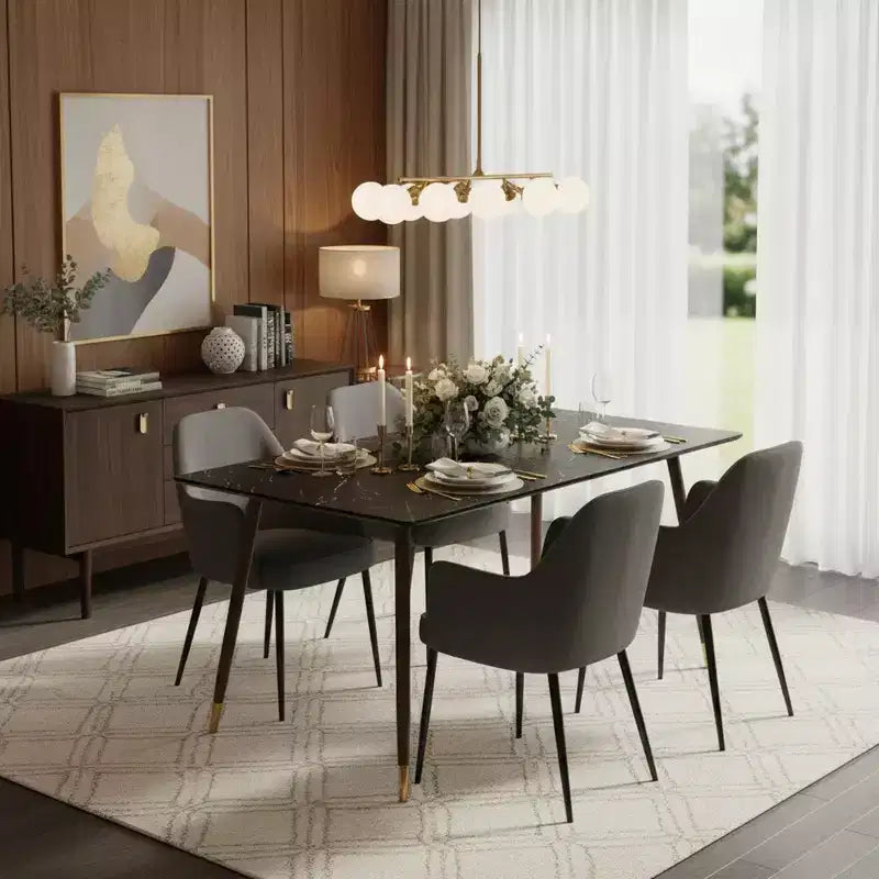 FurnitureR 55.1 Tavolo da pranzo moderno con piano in finto marmo nero e gambe affusolate in legno, tavolo rettangolare per cucina e sala da pranzo
