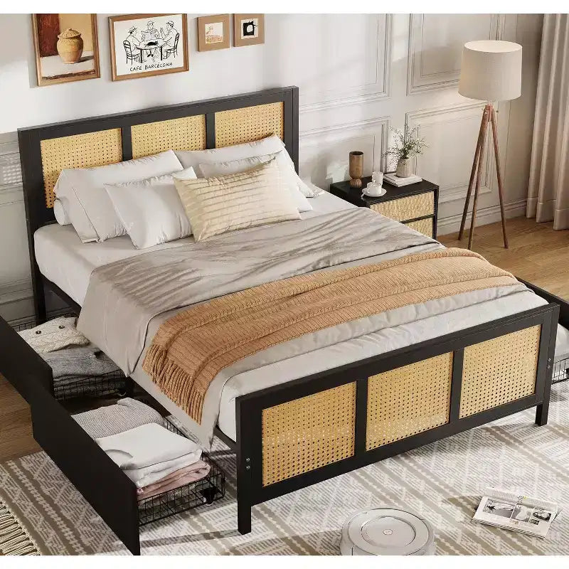 Letto a baldacchino bohémien con testiera LED (7 colori), 4 ampi cassetti, doghe in metallo, senza bisogno di rete a molle