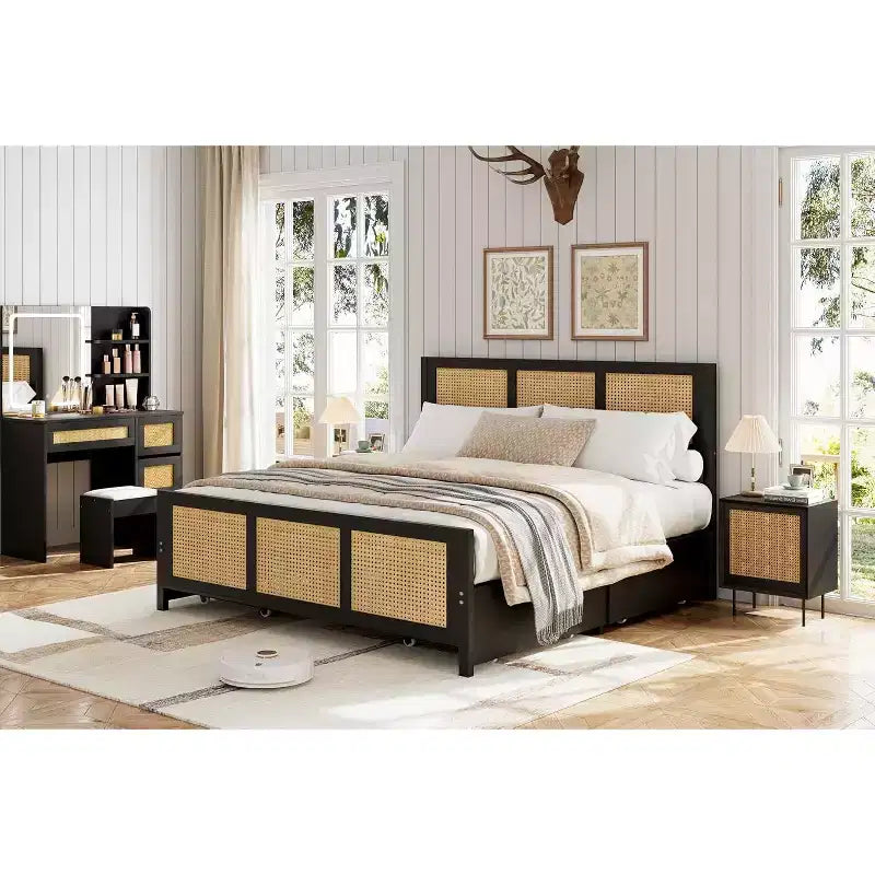 Letto a baldacchino bohémien con testiera LED (7 colori), 4 ampi cassetti, doghe in metallo, senza bisogno di rete a molle