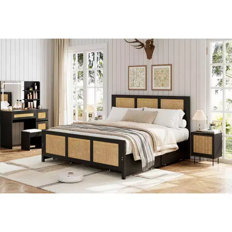 Letto a baldacchino bohémien con testiera LED (7 colori), 4 ampi cassetti, doghe in metallo, senza bisogno di rete a molle
