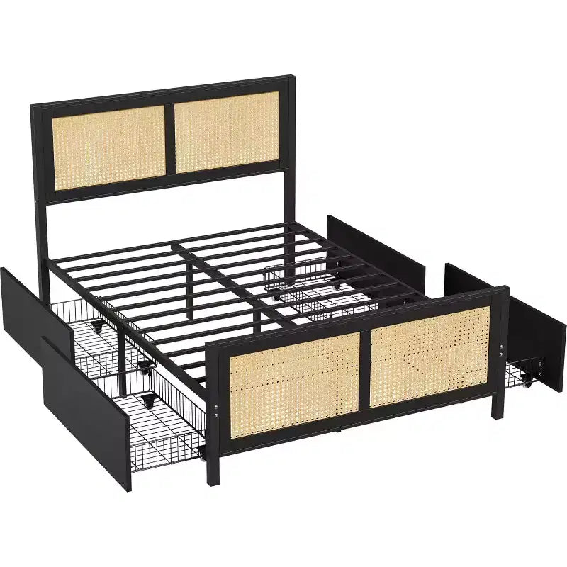 Letto a baldacchino bohémien con testiera LED (7 colori), 4 ampi cassetti, doghe in metallo, senza bisogno di rete a molle