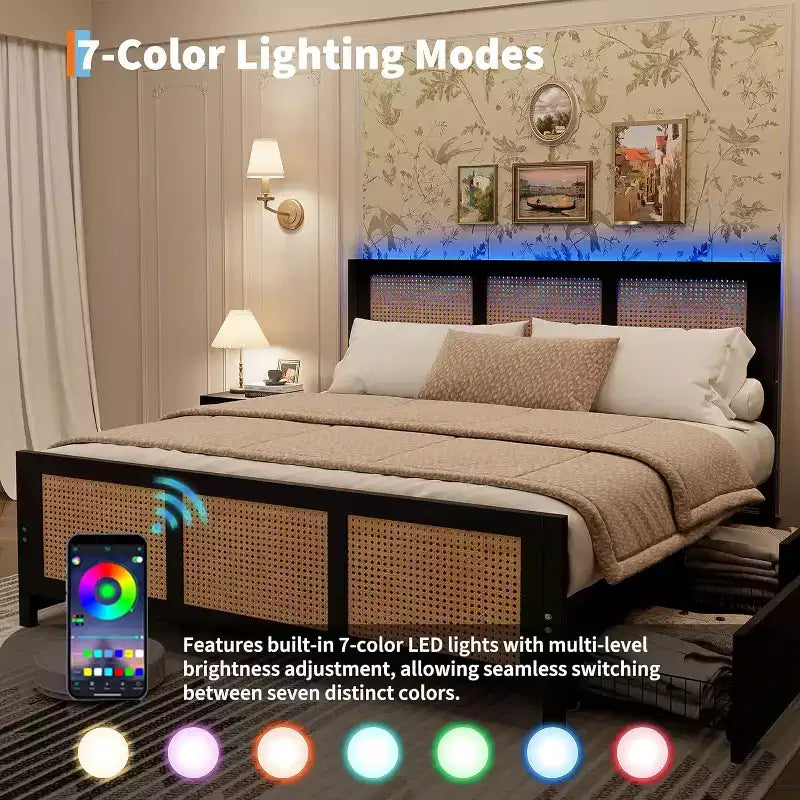 Letto a baldacchino bohémien con testiera LED (7 colori), 4 ampi cassetti, doghe in metallo, senza bisogno di rete a molle