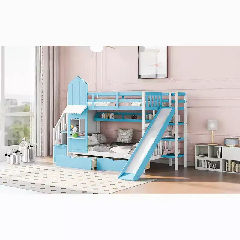 Bellemave Letto a castello singolo a forma di castello con 2 cassetti, 3 ripiani e scivolo, letto a soppalco principessa per bambini, ragazzi, ragazze