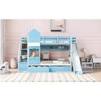 Bellemave Letto a castello singolo a forma di castello con 2 cassetti, 3 ripiani e scivolo, letto a soppalco principessa per bambini, ragazzi, ragazze