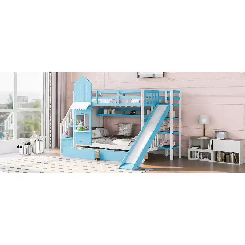 Bellemave Letto a castello singolo a forma di castello con 2 cassetti, 3 ripiani e scivolo, letto a soppalco principessa per bambini, ragazzi, ragazze
