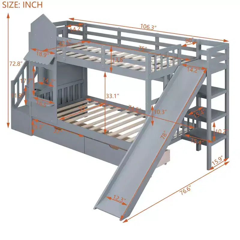 Bellemave Letto a castello singolo a forma di castello con 2 cassetti, 3 ripiani e scivolo, letto a soppalco principessa per bambini, ragazzi, ragazze