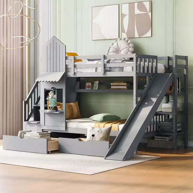 Bellemave Letto a castello singolo a forma di castello con 2 cassetti, 3 ripiani e scivolo, letto a soppalco principessa per bambini, ragazzi, ragazze