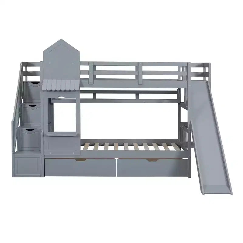 Bellemave Letto a castello singolo a forma di castello con 2 cassetti, 3 ripiani e scivolo, letto a soppalco principessa per bambini, ragazzi, ragazze