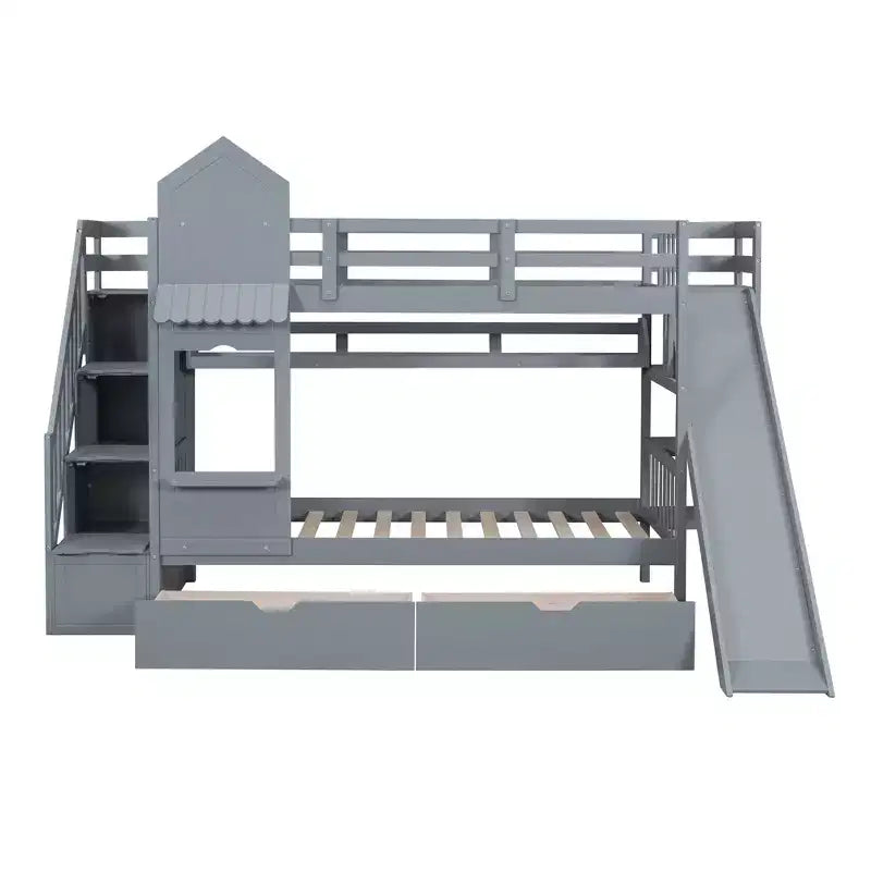 Bellemave Letto a castello singolo a forma di castello con 2 cassetti, 3 ripiani e scivolo, letto a soppalco principessa per bambini, ragazzi, ragazze
